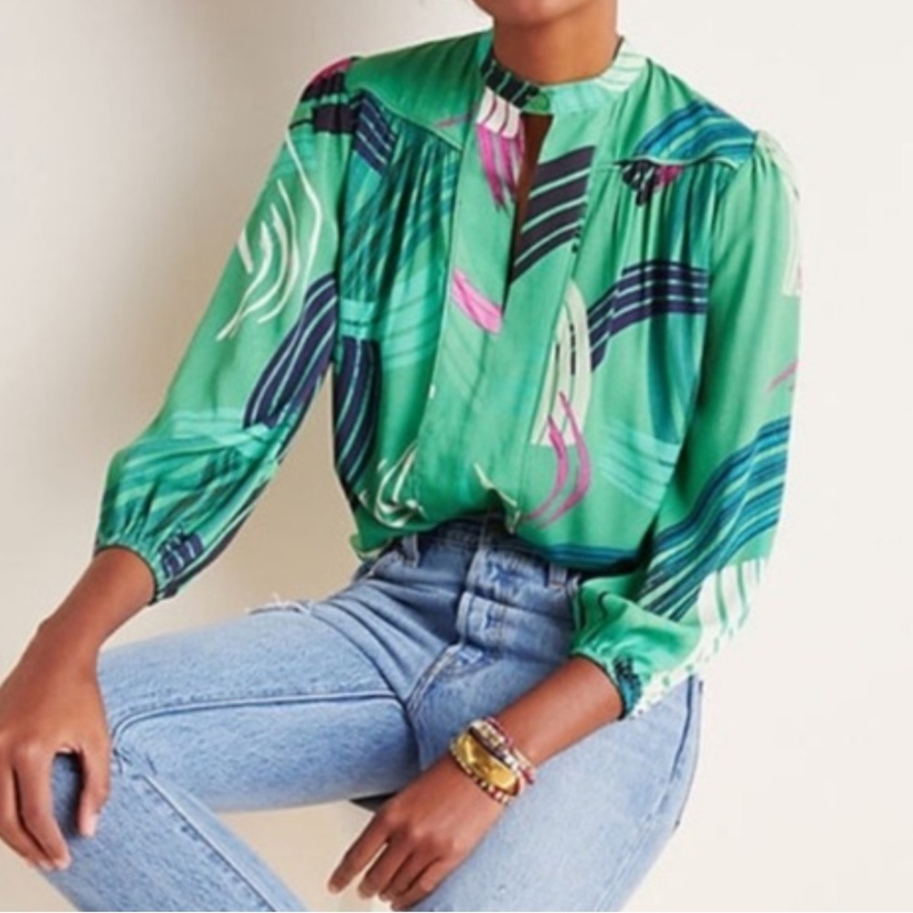 Anthropologie The Odells  Green Adeline Paint Print Blouse Size S